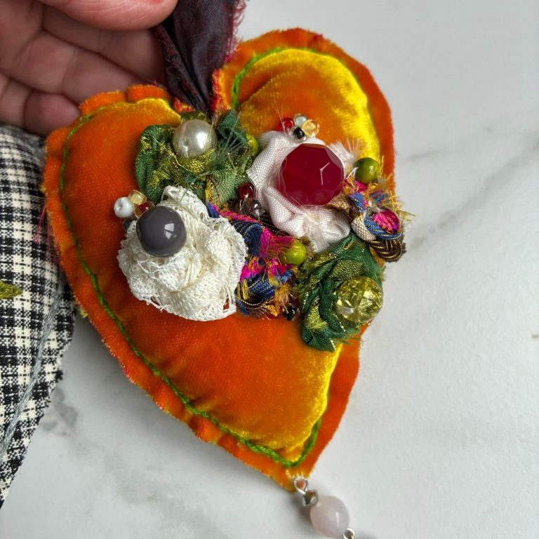 Unique, Handsewn Shabby Chic Fabric and Bead Hanging Heart